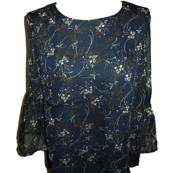 Blouse NWT SMALL Floral Chiffon Navy Blue ruffled sleeve tunic top careerwear - Picture 2 of 9